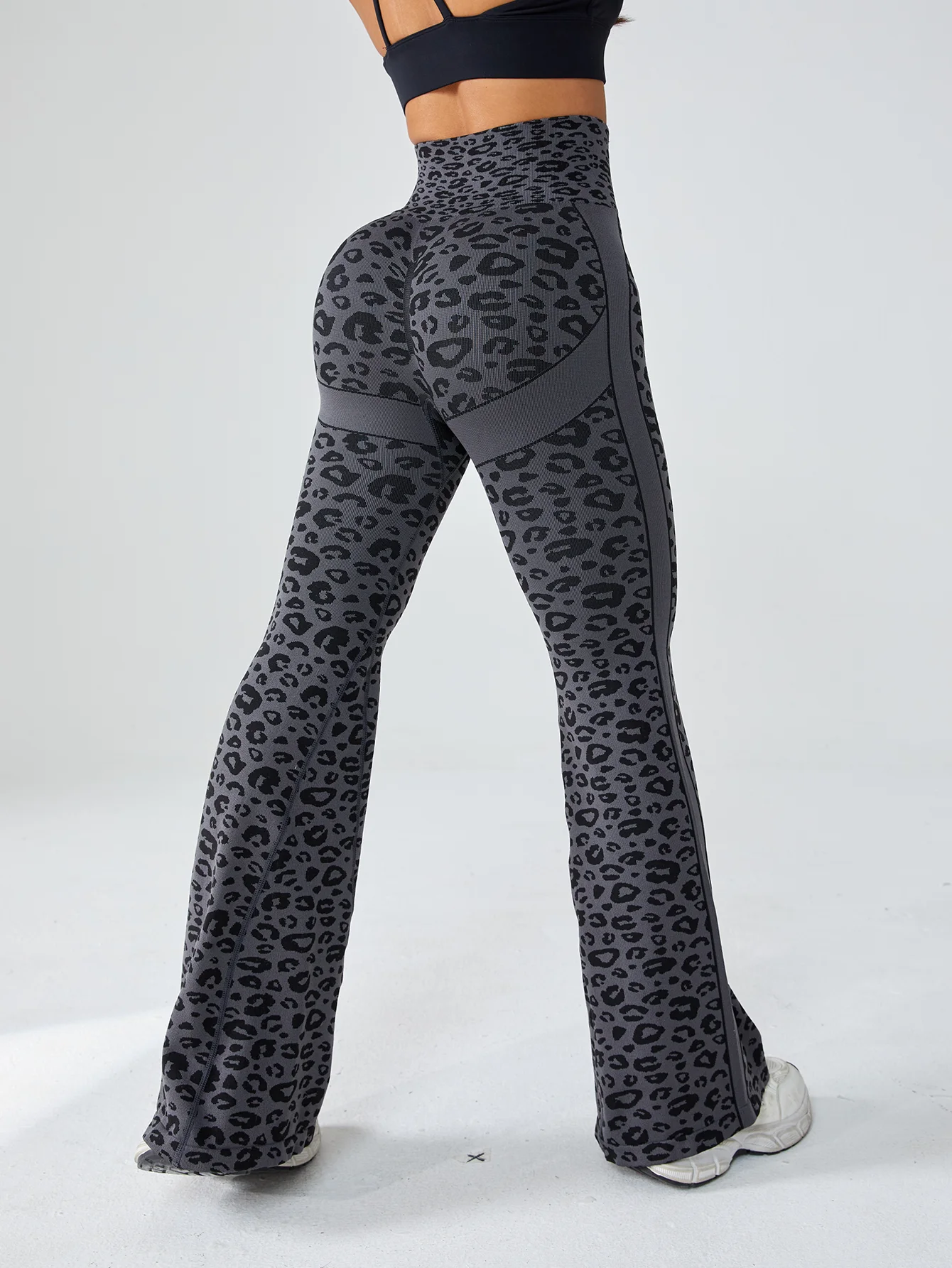 Mallas sin costuras de cintura alta para gimnasio para mujer, pantalones Retro con estampado de leopardo, mallas ajustadas para correr, pantalones acampanados, mallas de Yoga