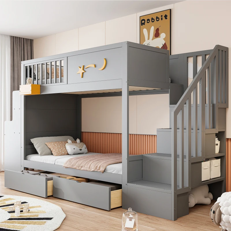 Cama litera para niños con cajones de almacenamiento, escalera de seguridad, escritorio y diseño de estrellas - 90 x 200 cm, marco de madera maciza de pino, gris