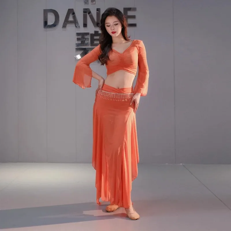 

Костюм для восточных танцев: сетчатая юбка и топ (2 предмета), для тренировок и выступлений, элегантный, струящийся, для сцены