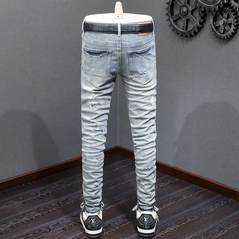 Designer Fashion New Men's Jeans White Patched Wrinkles Scratches Nostalgic Stretch Slimming Painted Washed Blue Jeans Hip Hop P
