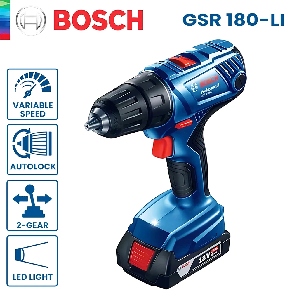 Bosch GSR 180 Li Electric Drill Rechargeable Cordless Electric Screwdriver Handheld Driller Home DIY Rotating Power Tools