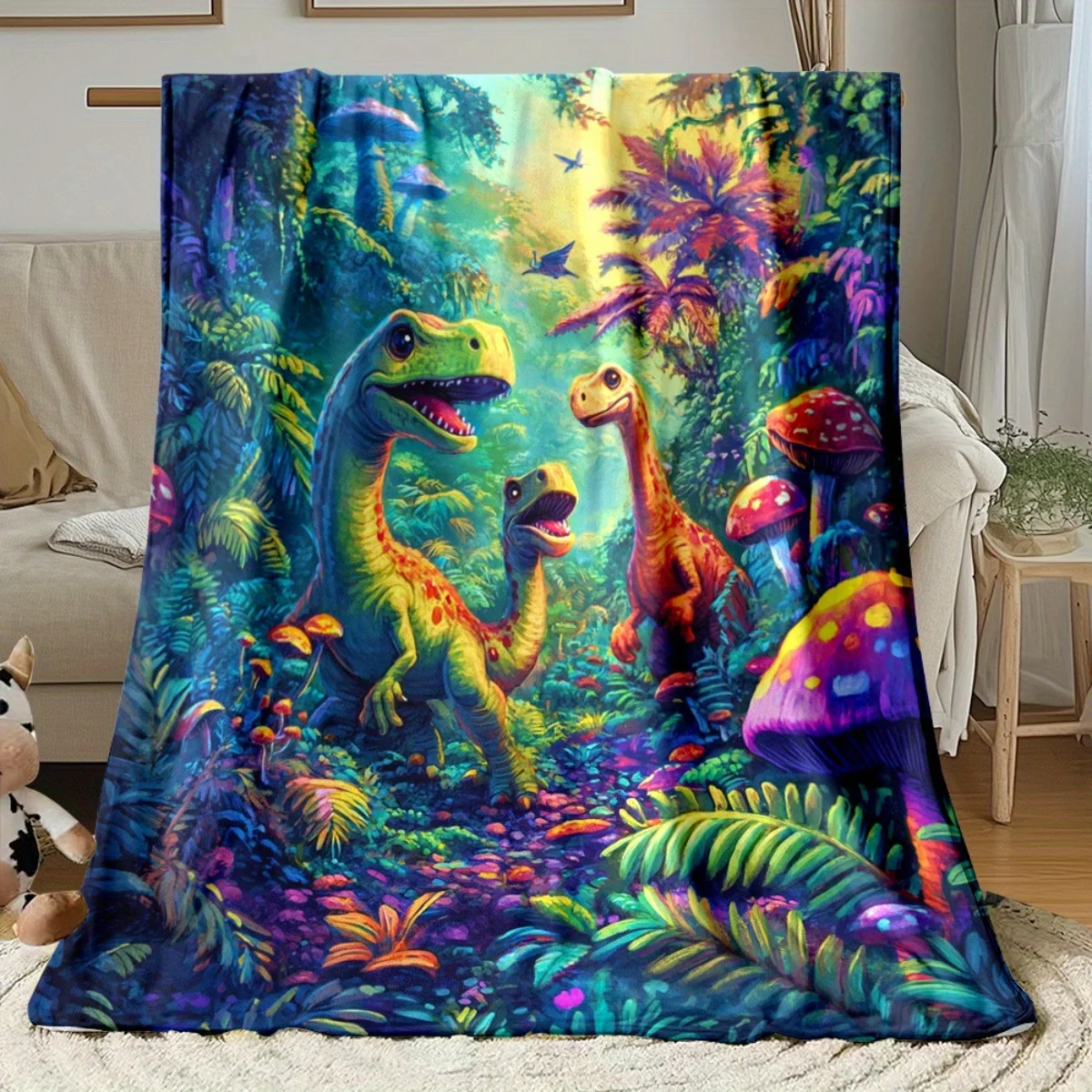 Colorful dinosaurs magical forest fantasy scene flannel blanket children's room decor cartoon animals imaginative play blanket