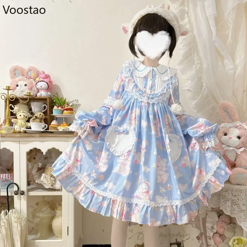 Japanse Sweet Lolita Op Dress Women Kawaii Strik Bunny Print Kanten Feestjurken Meisjes Schattige Peter Pan Kraag Jurk Met Lange Mouwen