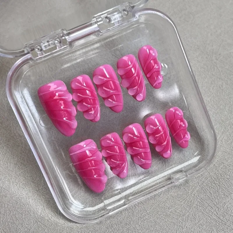 Unhas Longas 3D Handmade, Pressione em Unhas Postiças Coladas Estéticas Baratas, Unhas Postiças Adesivas Ponta, Rosa Amêndoa Média, Cor Pura, 10pcs