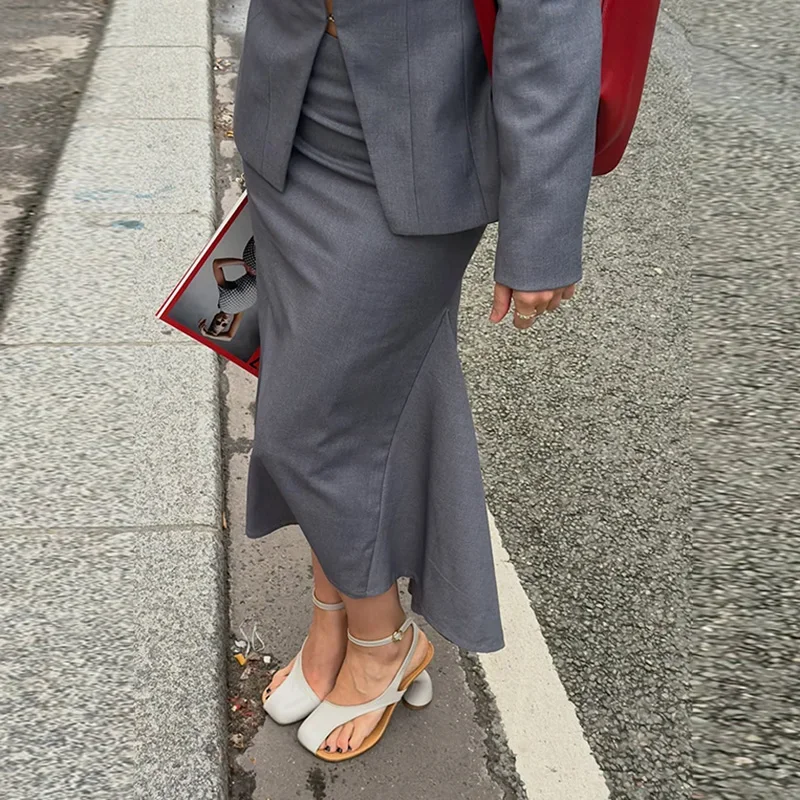 Schalkragen Elegantes Outfit Cape Damenanzug Asymmetrischer Meerjungfrauen-Dreiteiler Langer Rock Büro Damen Graue Anzüge 2026 Herbst – Detail 3