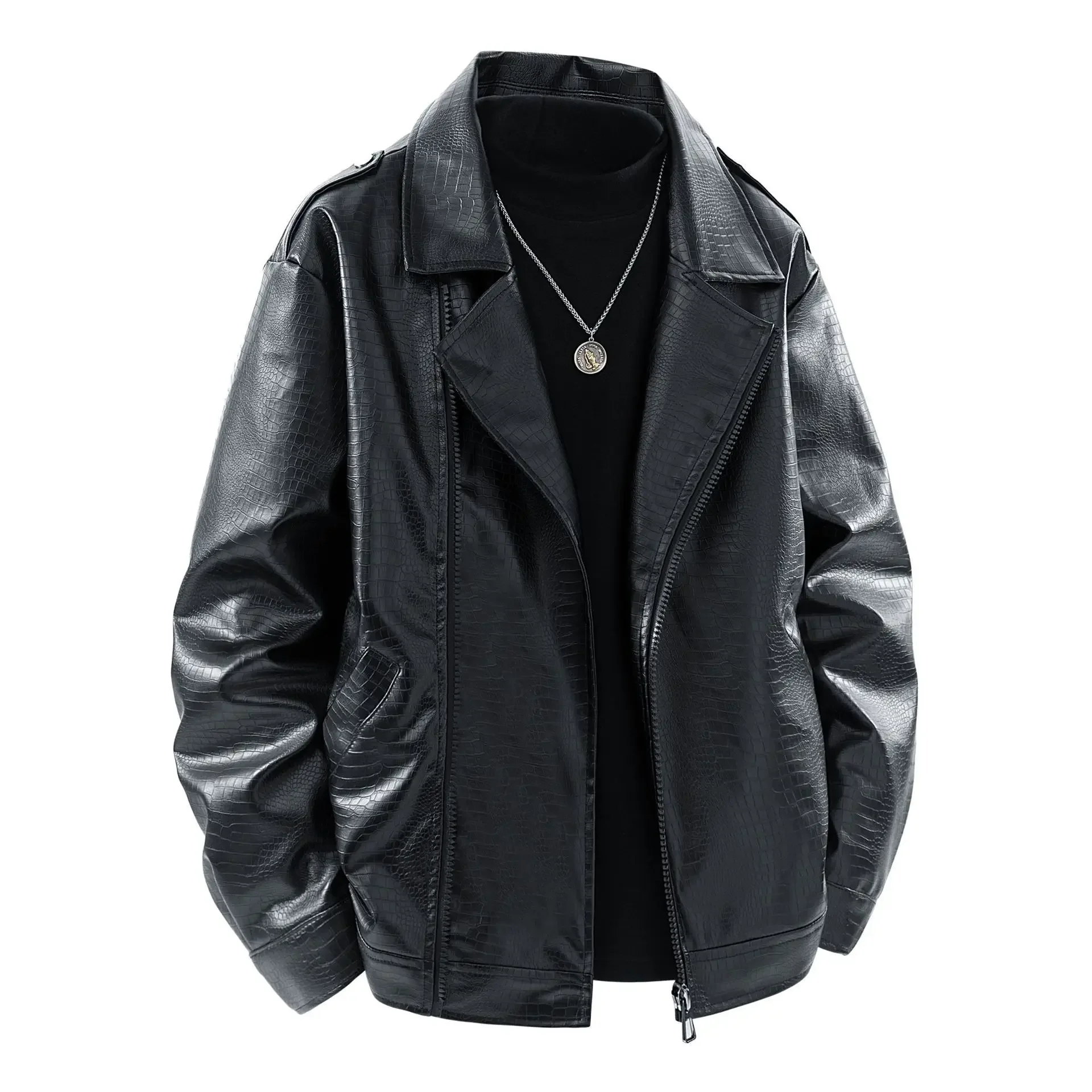 

Autumn Man Leather Jacket New High Street Motorcycle Punk Male Outerwear Turn Down Collar Long Sleeve Zipper Loose Men Coat