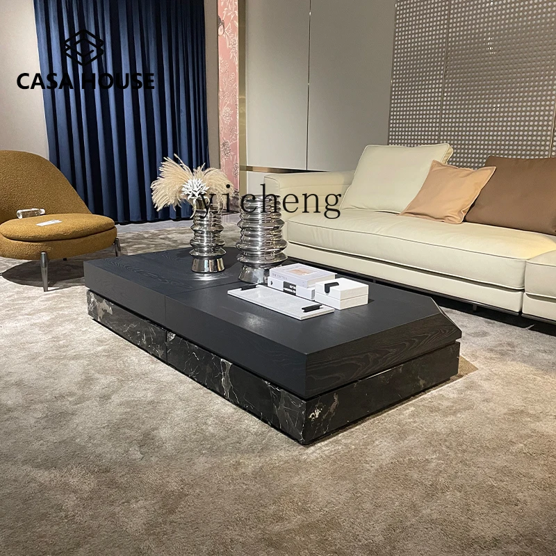

ZK minimalist high-end sense of antique natural marble coffee table black rose elm pattern rectangular coffee table