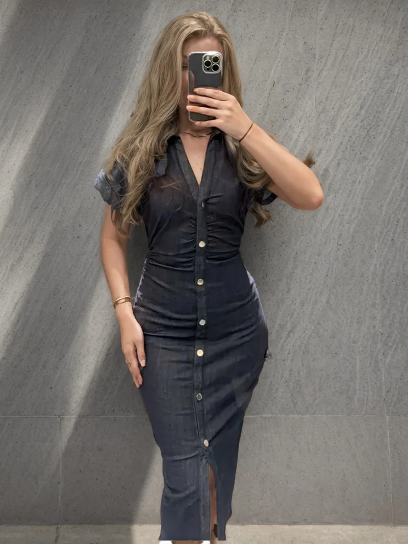 فستان ماكسي نسائي عتيق من قماش الدنيم موضة واحدة الصدر وأكمام قصيرة نحيفة طويلة فيستدوس جديد أنيق للسيدات أردية الشارع PA9Q