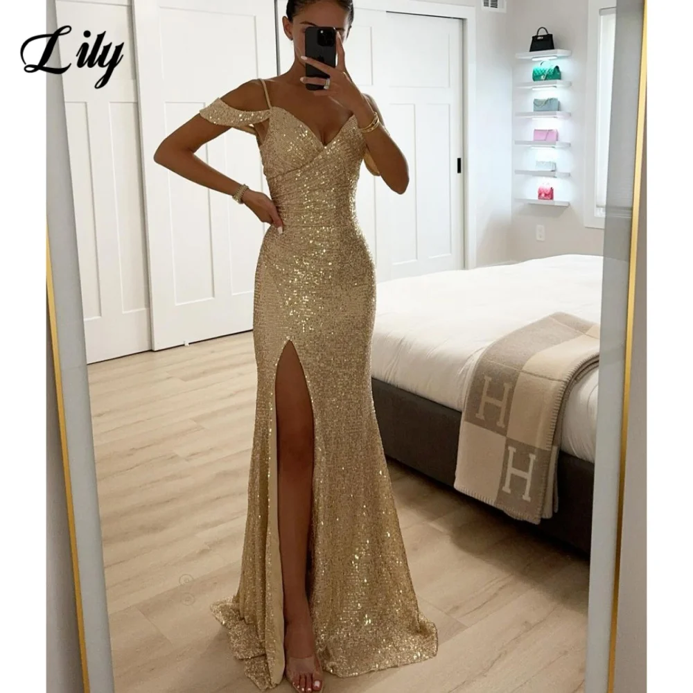 

Lily Gold Sexy Prom Dress V-Neck Off the Shoulder Evening Party Dress Shiny Sequins Side High Split Prom Gown 프롬 드레스 Customized