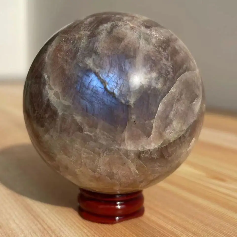 Natural Orange And Grey Moonlight Combination Quartz Crystal Sphere Ball Healing Gemston Home Decor+ wood bracket