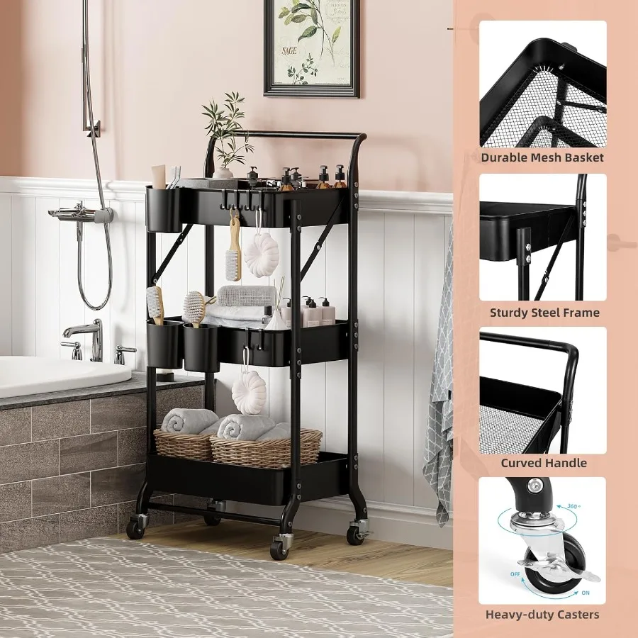 3 Tier Foldable Rolling Cart with Wheels for Kitchen Office Nursery Storage Organization Collapsible Utility Cart with 3 Hangin