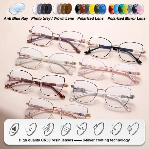 Imagen 2 del producto CLLOIO moda nueva aleación ojo de gato gafas graduadas multifocales mujeres Anti luz azul miopía lectura óptica gafas personalizadas