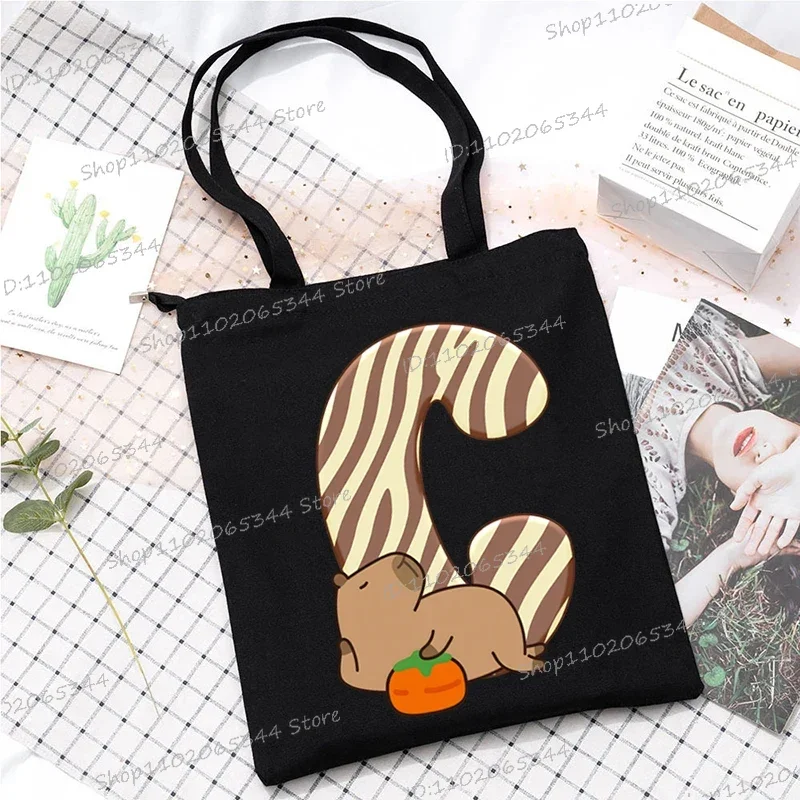 Tote Bag with Cartoon Capybara Alphabet A-Z Reusable Leisure Handbag Y2K Surname First Letter Shoulder Bag Woemn Shopping Bag