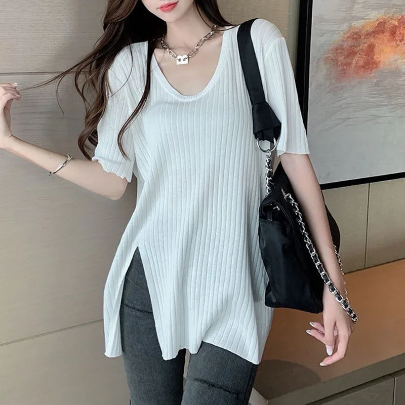 

Sueter Feminino O-Neck Slit Knitted Sweater Women Pullovers New Short Sleeve Knit Sweater Pullover Women Tops Knitwears Q3490