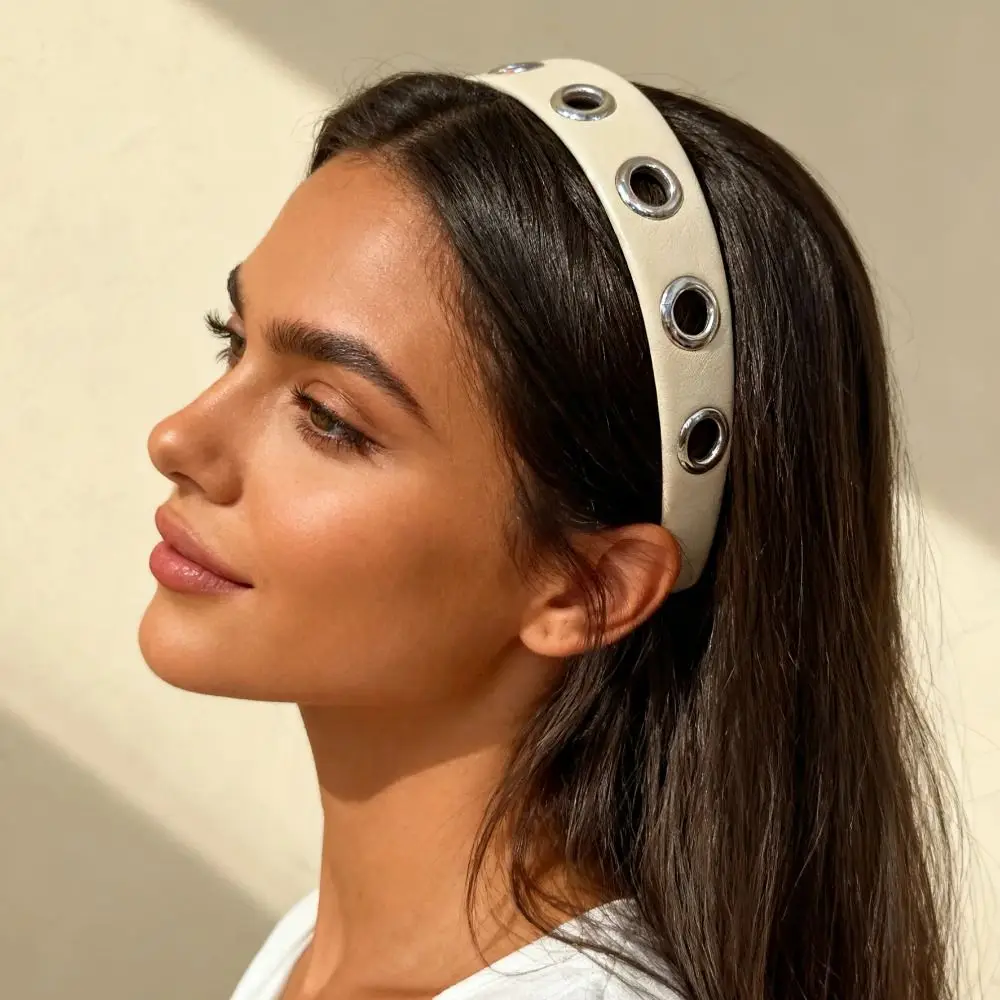 

Girls Hair Accessories Solid Color Hollow Metal Headband Metal Ring Grommet Punk Headwrap Y2k Hip-hop Wide Head Band Sports