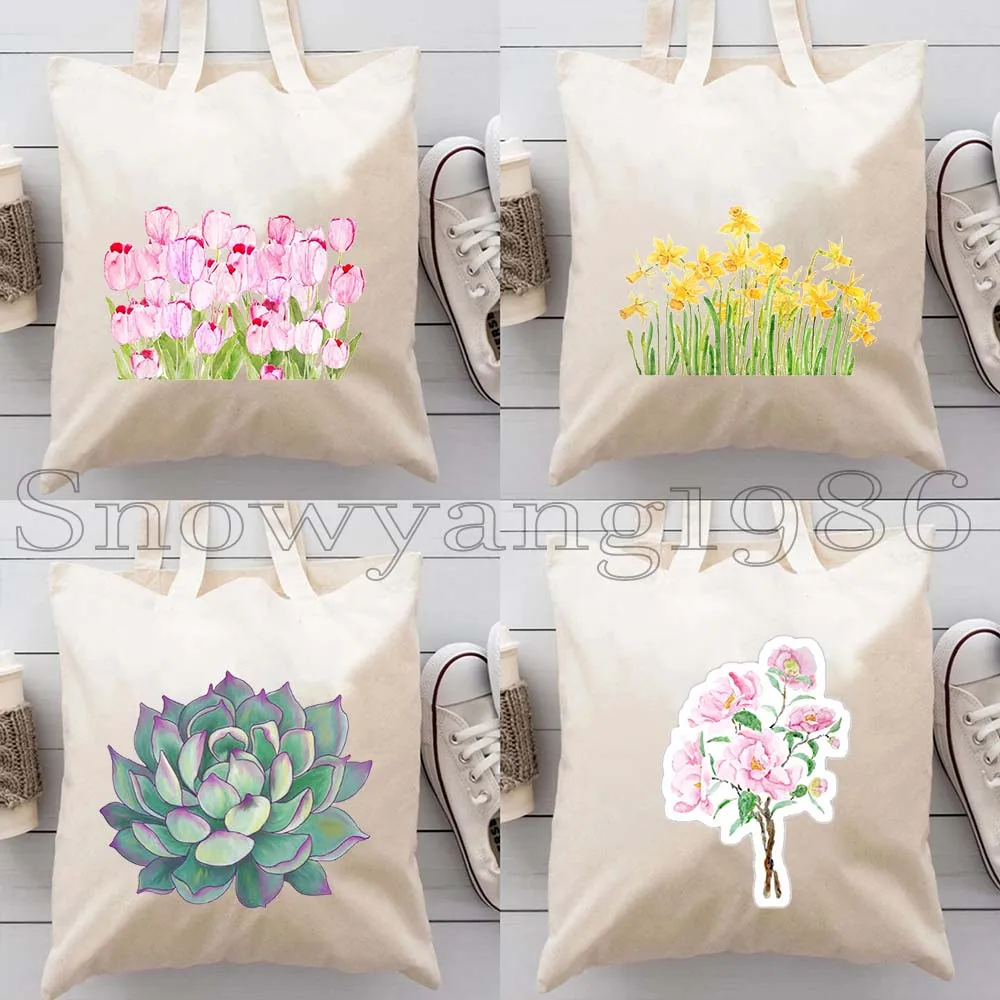 

4PCS Watercolor Painted Wildflowers Cactus Plants Tulips Cosmos Flowers Rose Camellia Daffodils Lavender Canvas Tote Bag Handbag