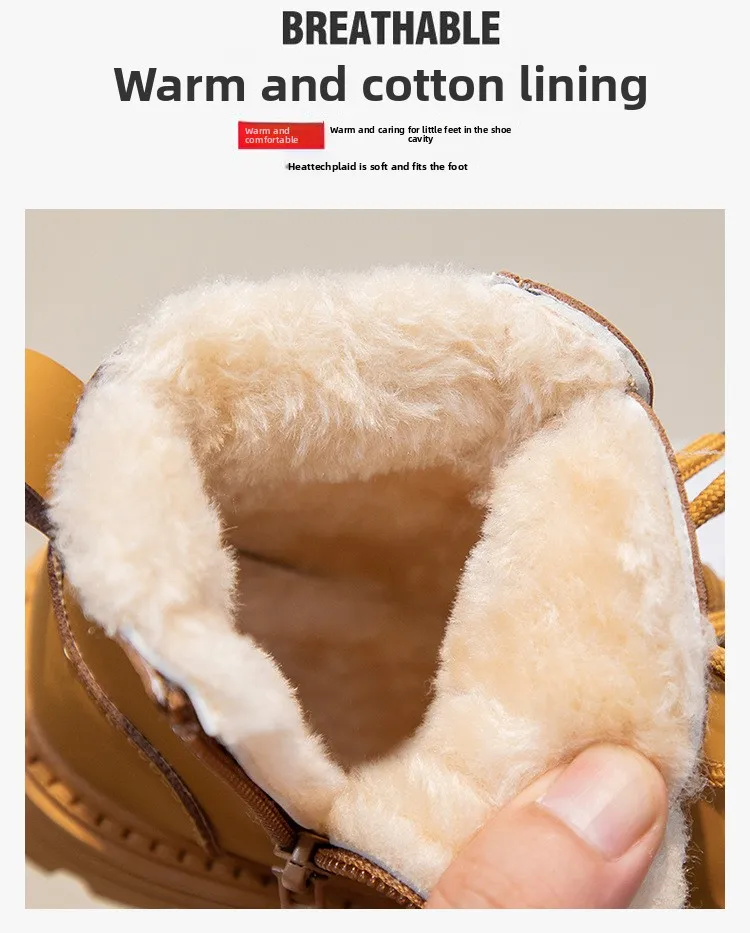Neue Kinder-Mode-Stiefel, Winter, verdickte, rutschfeste, warme Lederstiefel für Jungen und Mädchen, seitlicher Reißverschluss, einfarbig, Freizeitschuhe für Kinder – Detail 5