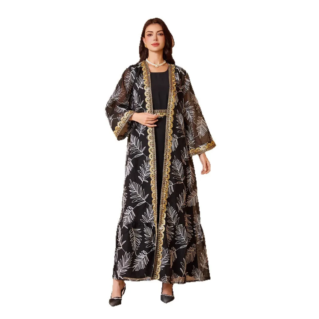 Nc41 Arabo Dubai Estate Elegante Maglia Ricamo Patchwork Nastro Dorato Musulmano Set a Due Pezzi Ramadan Dubai Lusso Islam Elegante
