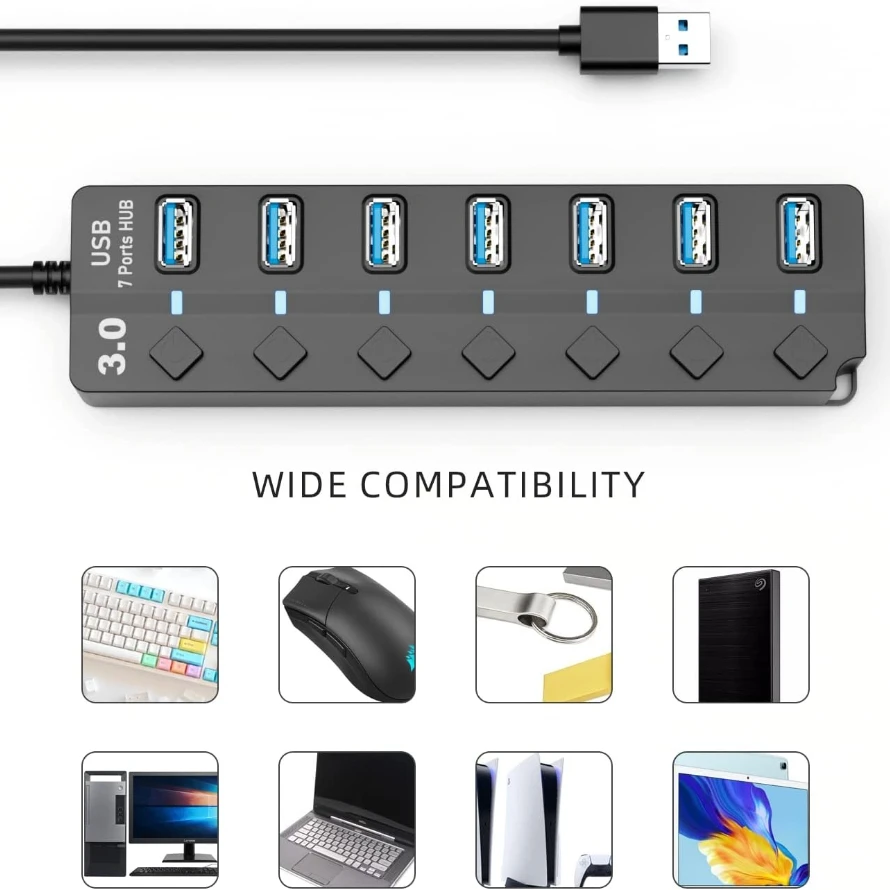 USB Hub 3.0 7-Port USB Hub Splitter With Individual On/Off Switches For MacBook Laptop Surface Pro PS4 PC Flash Drive Mobile HDD