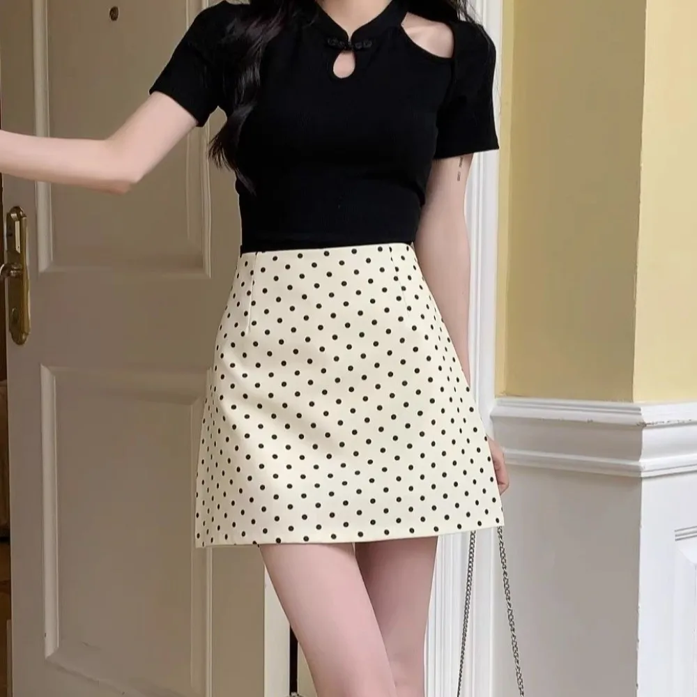 Bohemian Style XS/S/M/L/XL Half Body Skirt High Waist Black White Hip Wrapped Skirt Polka Dot Casual Mini Skirt Summer