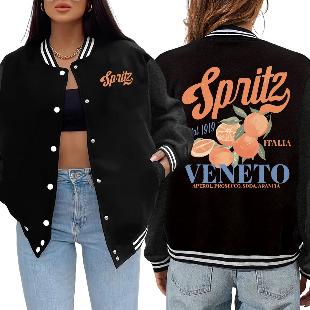 

Spritzy Veneto Забавный женский принт оранжевых фруктов Veste Осенние повседневные куртки Мягкая удобная куртка Теплая свободная бейсбольная форма