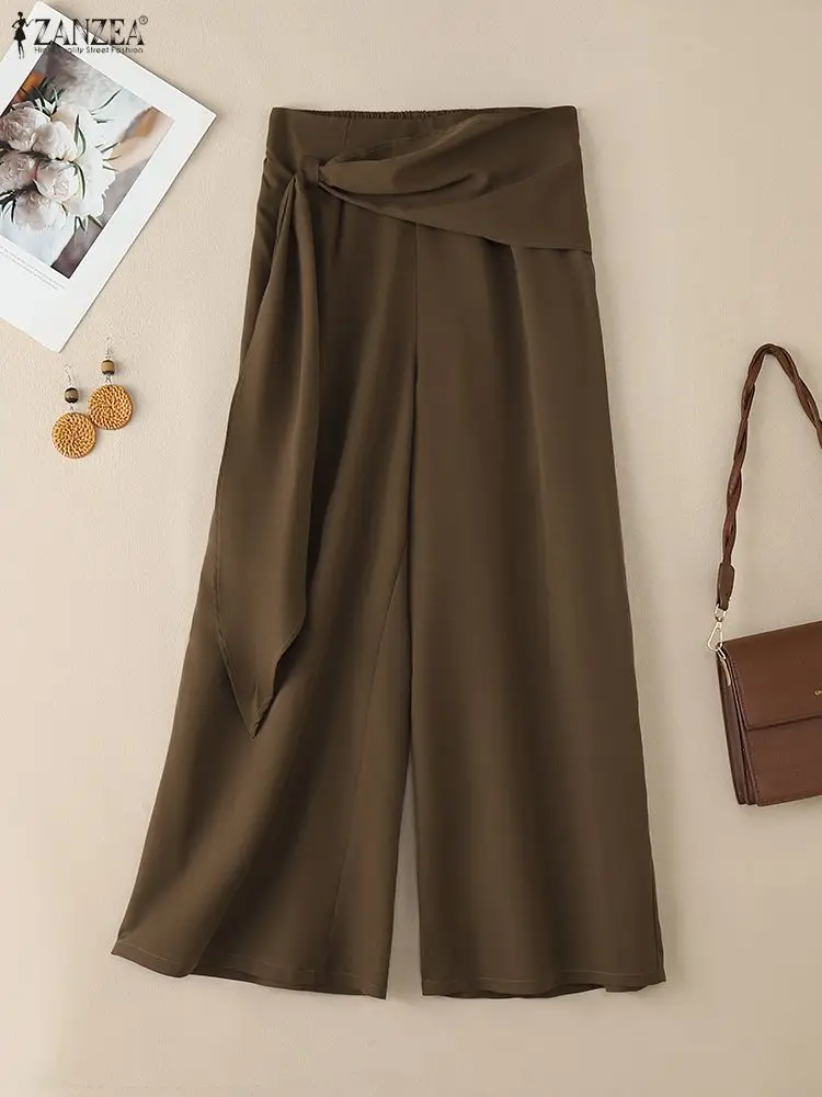 ZANZEA Women Fashion Chic Wide Leg Pants Elastic High Waist Ribbon Detailed Solid Color Loose Trousers Commuting Wear Woman Pant