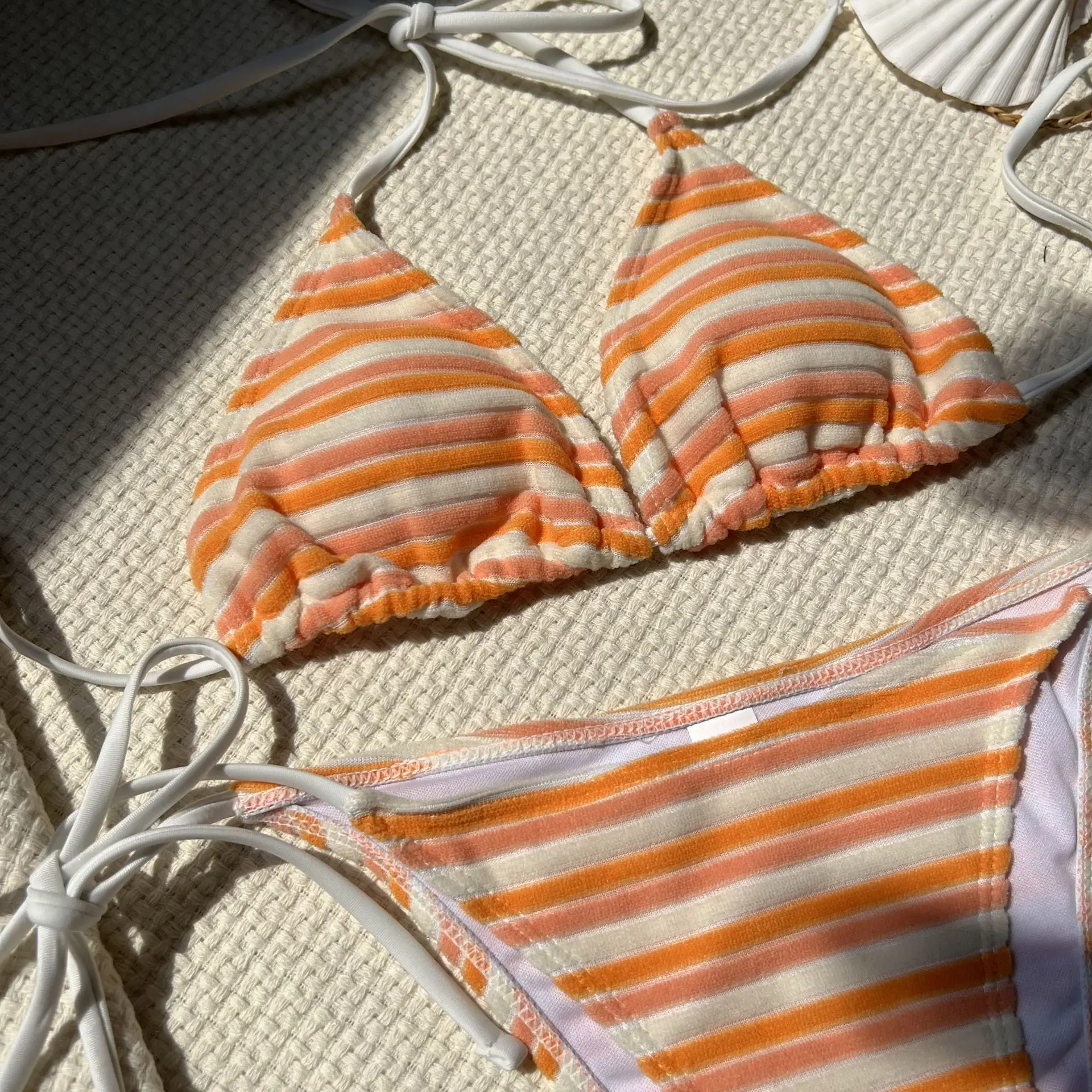 sexy terry cloth striped bikinis sets two pieces halter tie swimsuits Swimwear Biquini conjunto de bikini tankini trikini