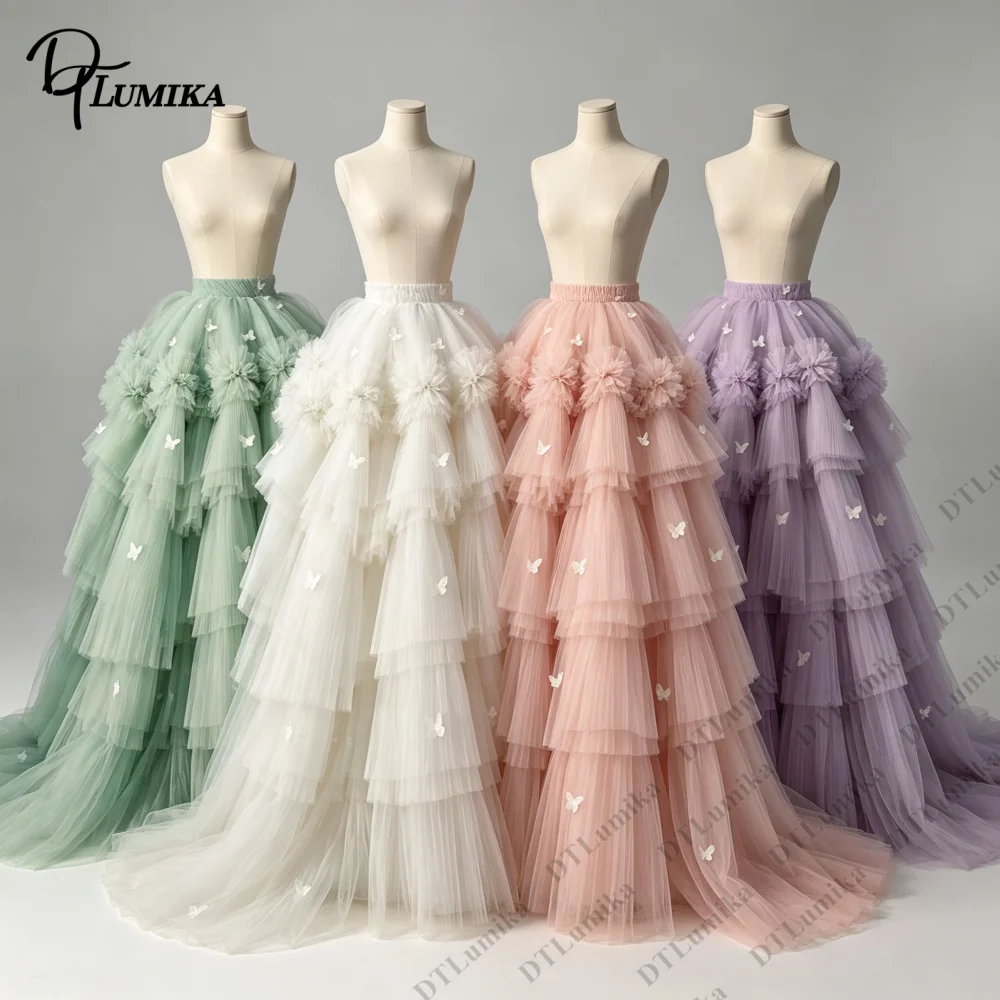 Tiered Maxi Gown with Butterfly Elastic Waist A Line Long Skirt Tulle Skirts for Wedding Party Reception Homecoming Cocktail