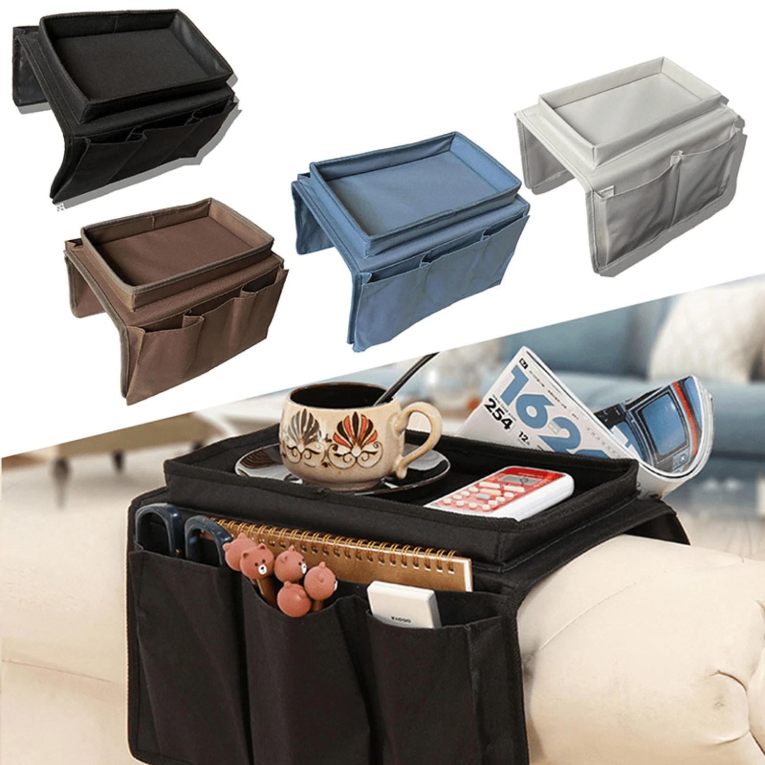 Armrest Organizer for Sofa/Couch with 4 Pockets, Cup Holder Tray - TV Control, Cellphone Bag - Armchair Hanging Organizer