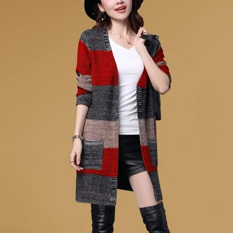 Autumn Winter Long Knitted Cardigan Fashion Vintage Contrasting Colors Patchwork Chic Bright Silk Female Pockets Sweaters Coat