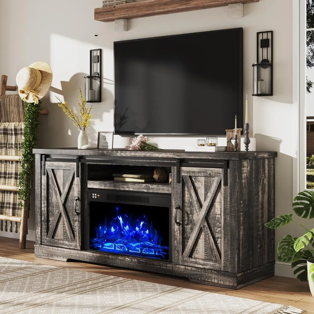 

Farmhouse Style 63 TV Stand with Sliding Barn Door for 73 TVs, Fireplace Entertainment Center with Storage