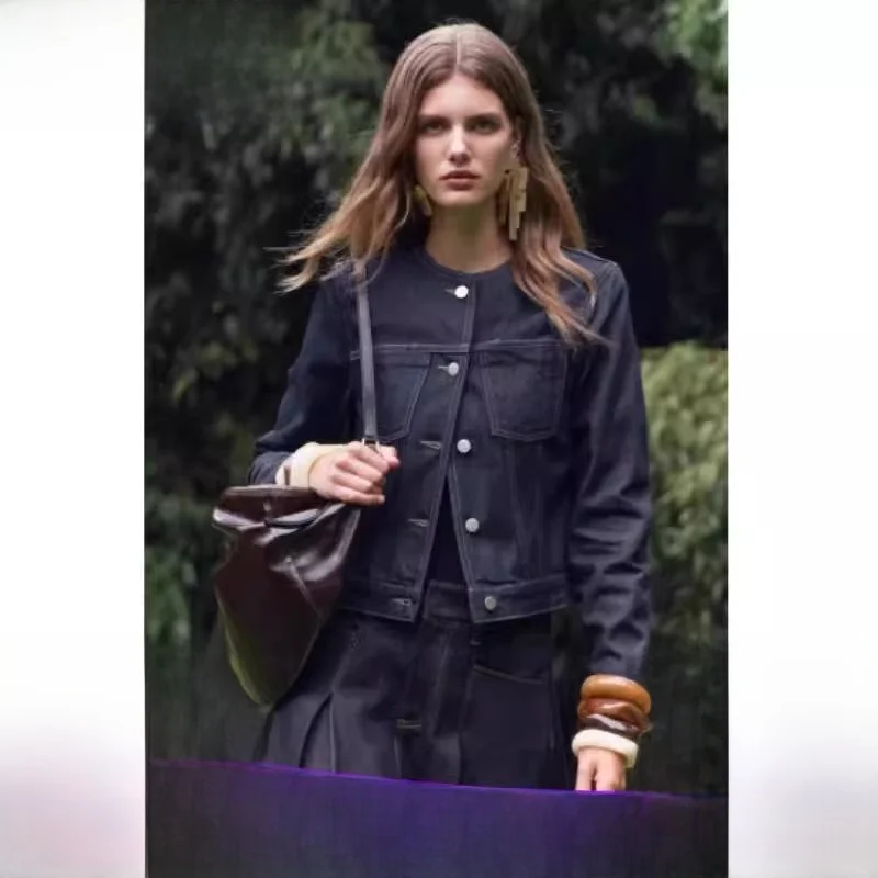 

Deep Blue Long Sve round Ne Denim Jaet Women's New Autumn Faion Outerwear Casual Loose Fit Regular Length