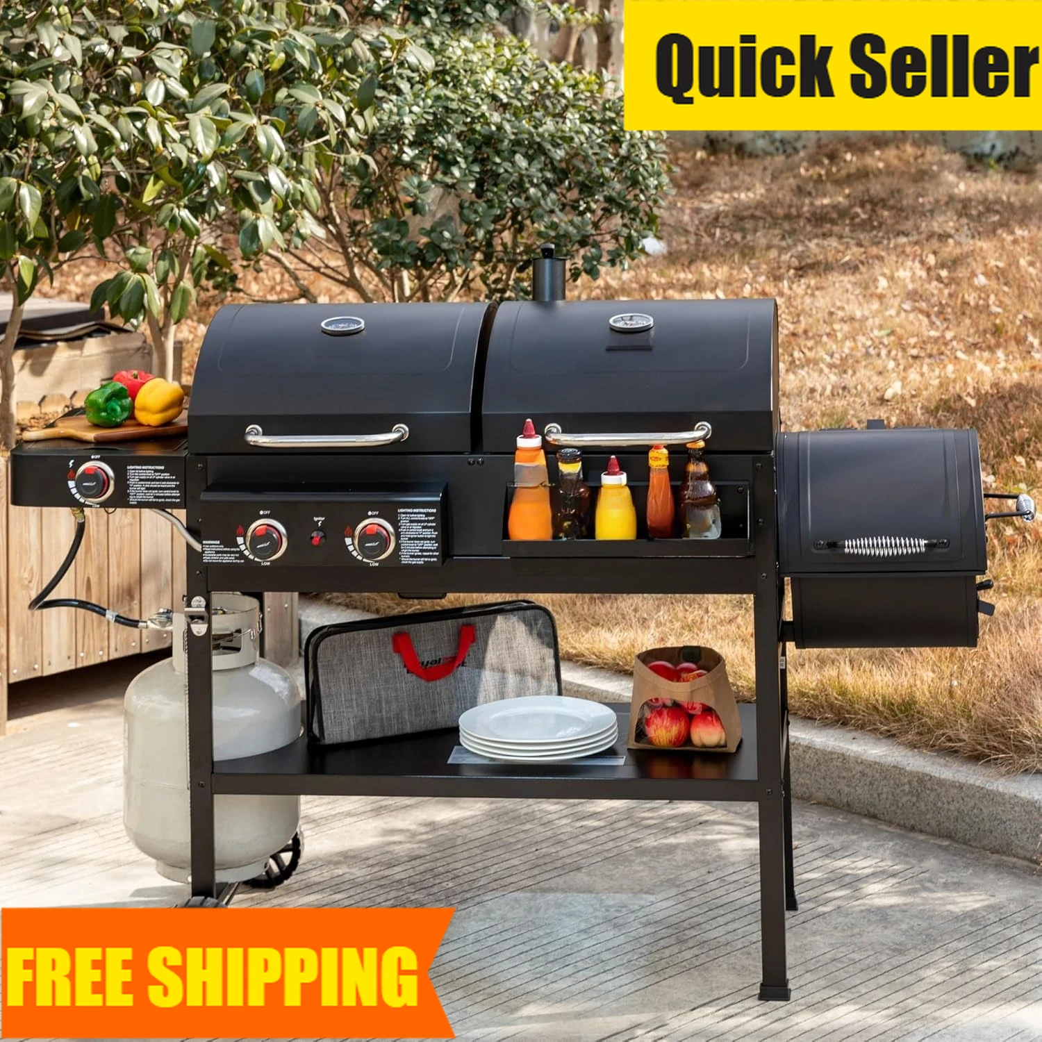 

Газовый и угольный гриль-комбо с двумя конфорками, дымовой камерой и боковой горелкой, 34 000 BTU, двойное топливо, 1020 кв. футов, по суперскидке Внутри, внутри.