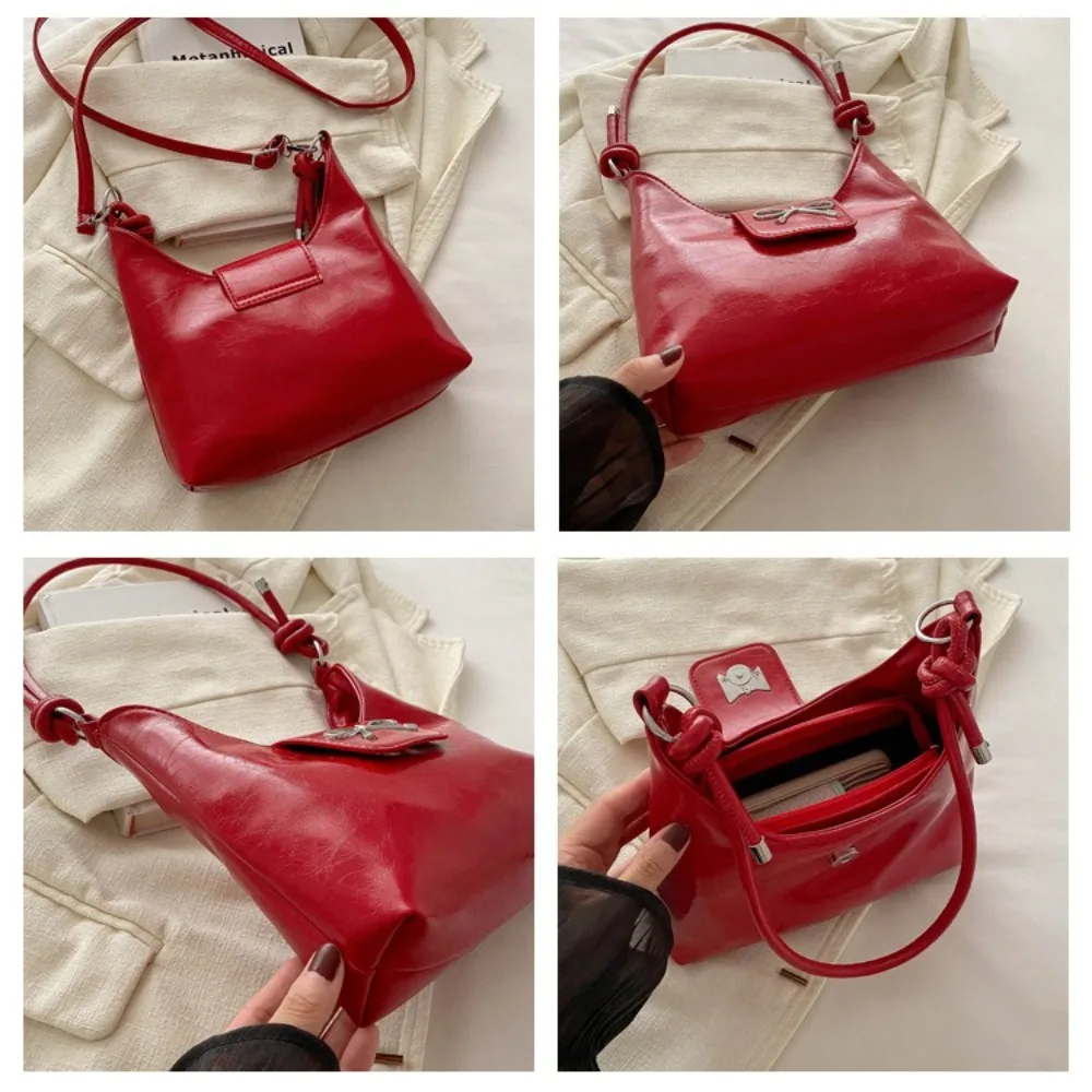 Sweet Handbag Underarm Bag Solid Color PU Leather Shoulder Bag Bow Design Y2K Bow Armpit Ladies