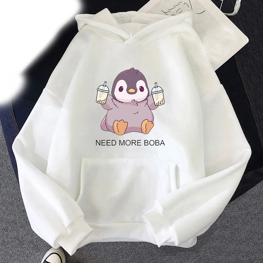 Cute Penguin Boba Tea Print Hoodies Men Woman Streetwear Hoodie Oversized Hooded Sweatshirts Pullover Unisex Tracksuit Clothing