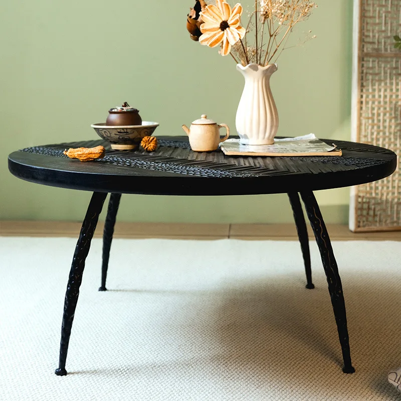 Nordic Solid Wood Belgian Style Carving Round Black Coffee Table for Small Apartment Simple Living Room Modern Minimalist