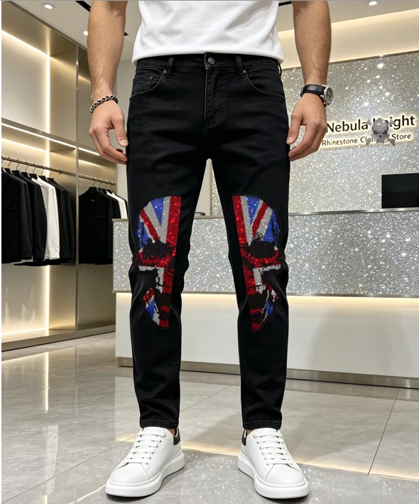 

Men Light Summer Stretch Denim Jeans Bling Rhinestone Slim Elastic Pants Street Fashion Plus Sizes