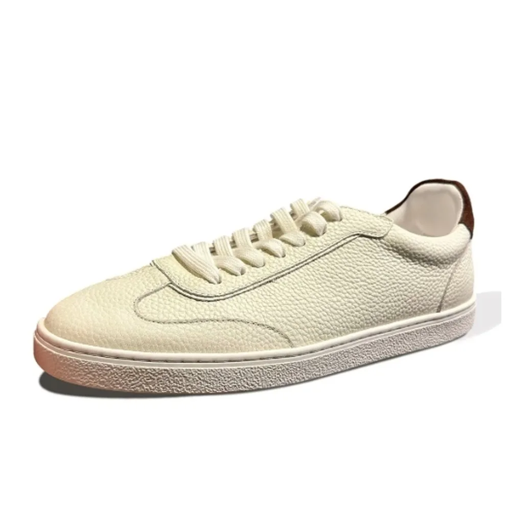 Men's Pebbled Leather Low‑Top Sneakers Off‑White Retro Flat Daily Walking Shoes