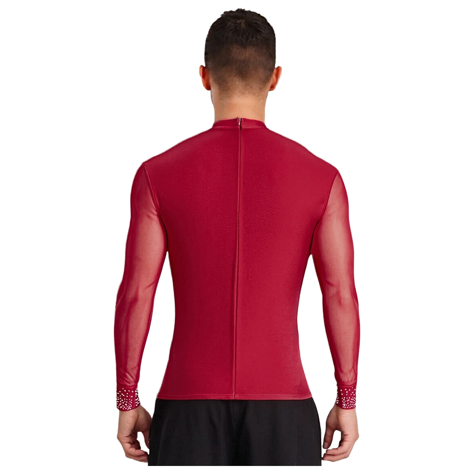 Top de baile latino para hombre, camiseta de manga larga con cuello simulado y diamantes de imitación brillantes de malla transparente, blusa para escenario de Ballet Chacha Tango