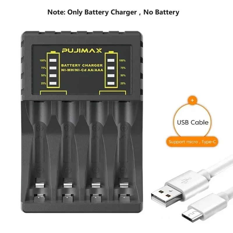 

Battery Charger 4 Slot Intelligent Fast Charge With Indicator For 1.2V NiMH NiCd AAA/AA Rechargeable Batteries USB C Micro Jack