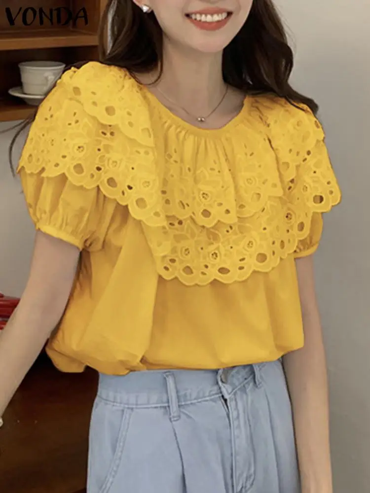 VONDA Fashion Women Lace Blouses Casual Short Sleeve Off Shoulder Sexy Tops 2024 Summer Shirt Loose Solid Color Ruffled Blusas