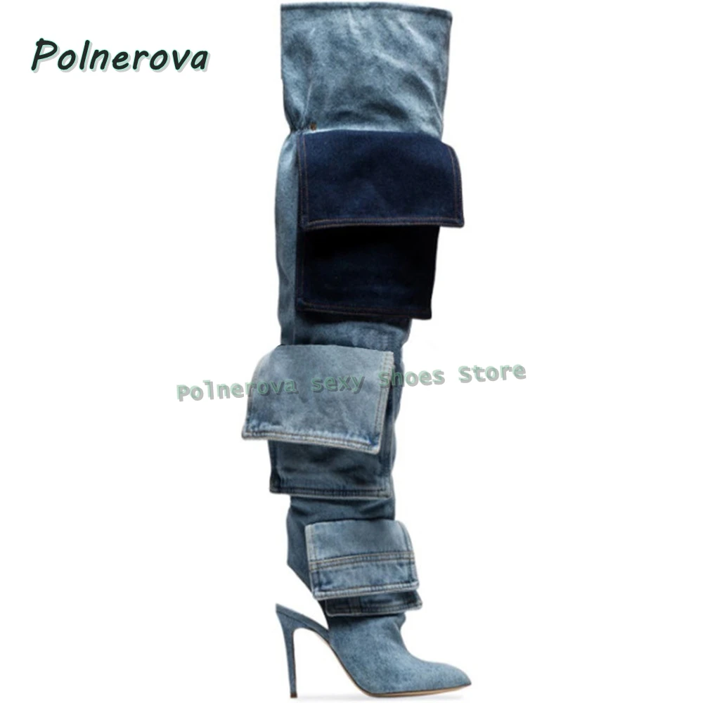 Pocket Pleated Denim Fashion Gladiator Pointed Toe Stiletto Slingback Side Zip Patchwork Women Over The Knee Boots Street Style