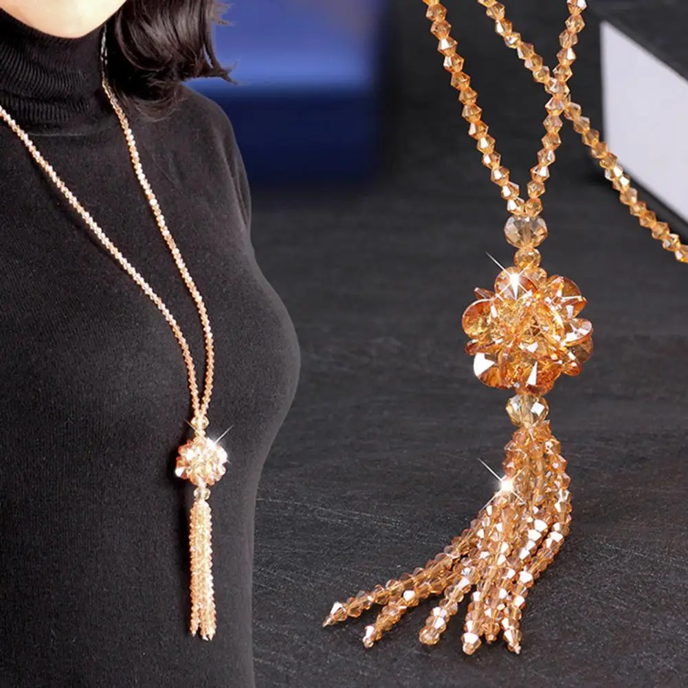 Stylish Sweater Necklace  Knotted Beaded Cozy Wear Faux Crystal Necklace  Sweater Faux Crystal Necklace Party Dress Jewelry #4