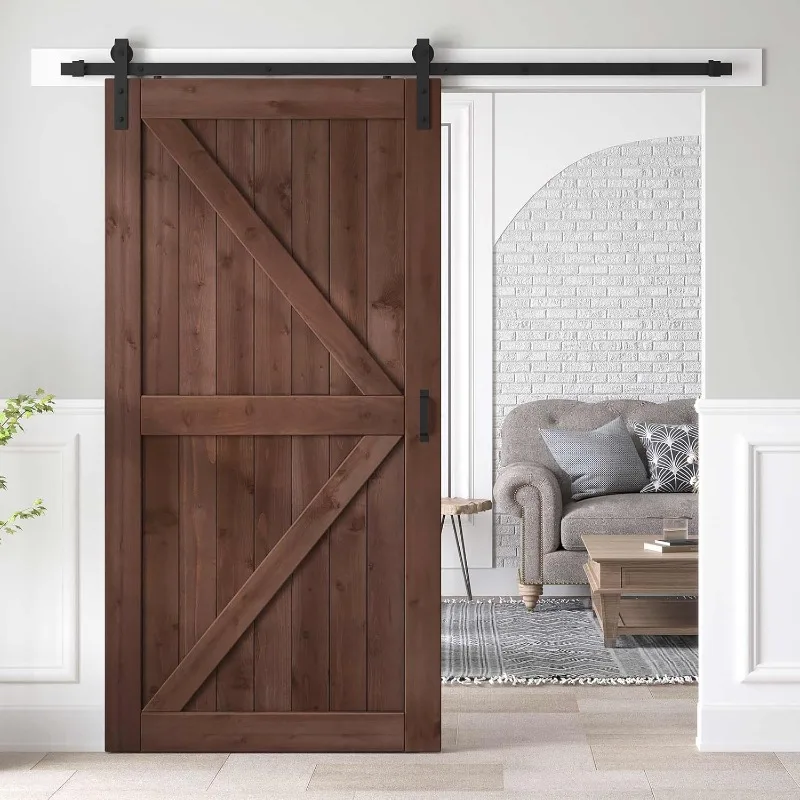 Barn Wood Door Slab with 7ft Hardware Kit and Handle, Coffee, K Shape, Simple DIY Assembly