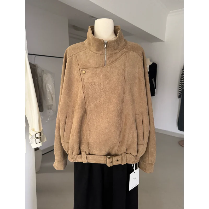 

Винтажная винно-коричневая свободная замшевая мотоциклетная куртка женская модная свободная повседневная универсальная осенняя женская куртка с длинными рукавами