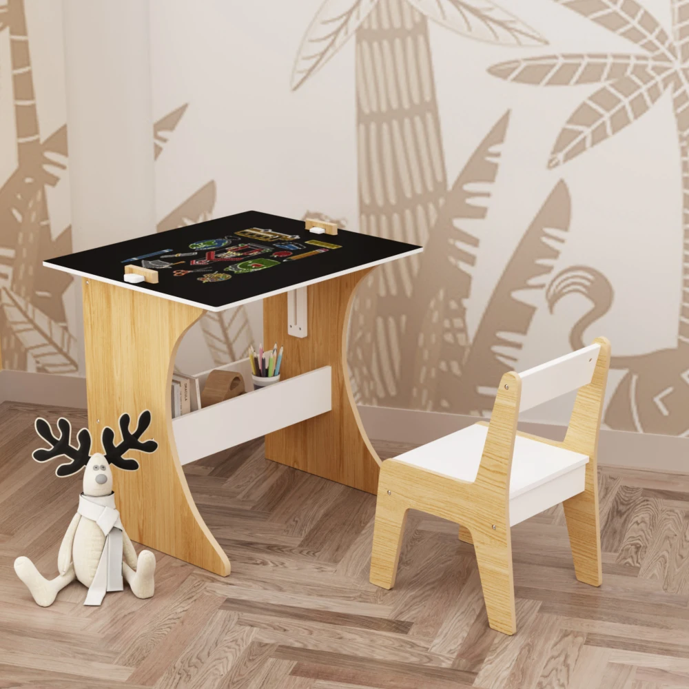 Kids Table Set with One Chair Multifunctional Wooden Children Study Table Convertible Tabletop for Study Drawing  Play Natural