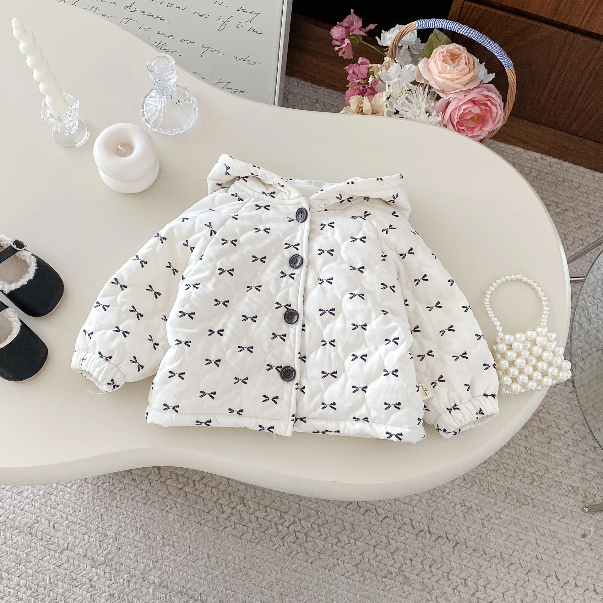 Baby Coat 2025 Autumn Winter New Korean Sweet Bow Baby Girl's Coat Cotton-padded Jacket Girl Baby Hooded Coat