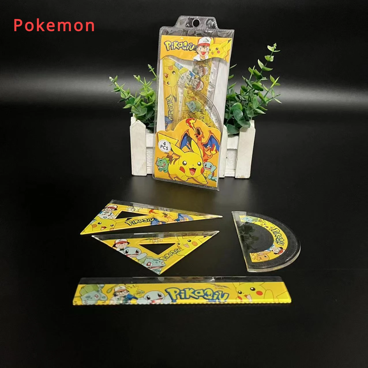 Pokemon primary school students school supplies Pikachu cartoon ruler four-piece stationery set school supplies ruler set