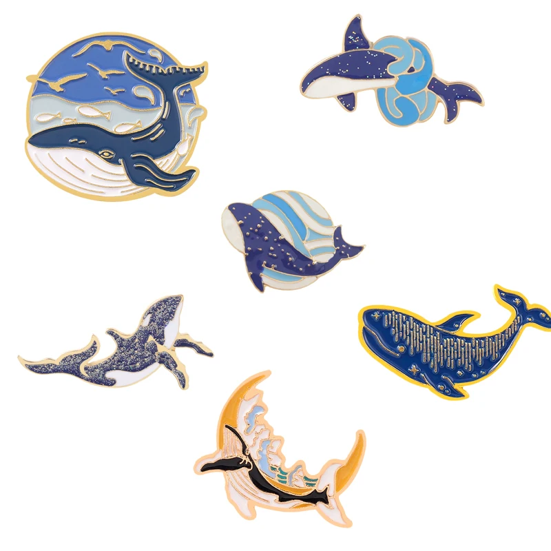 Pino esmaltado série baleia do mar, emblemas de animais azuis de desenho animado, broche de metal feminino, acessórios de joias, bolsa de roupas, alfinetes de lapela, presente