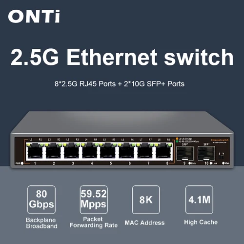 Conmutador Ethernet no administrado ONTi 2,5G, conmutador de red de 8 puertos 2,5 GBASE-T con puerto 10G SFP +, conmutador Homelab sin ventilador Plug and Play